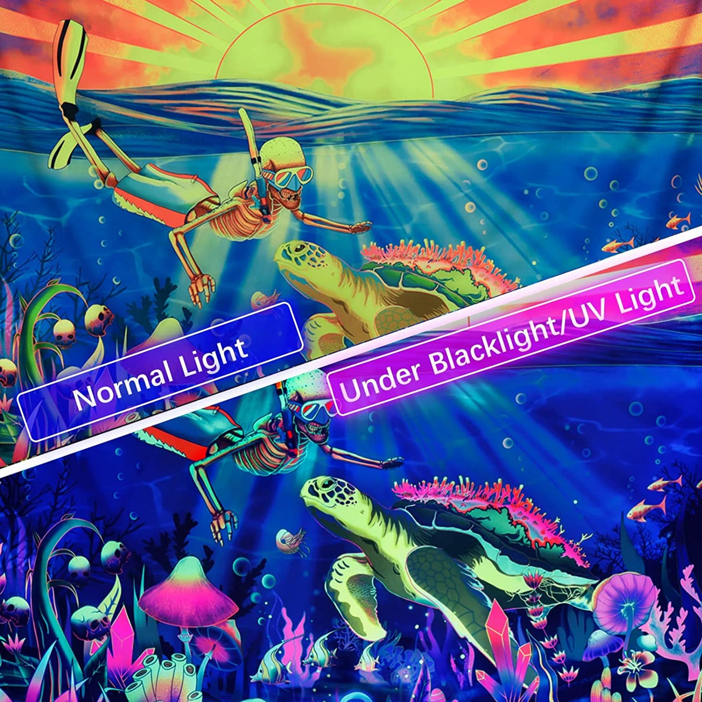 Blacklight Diver Tapestry Wall Art, Trippy Sun Wall Hanging,  UV Reactive Turtle  ,Under the Sea, Ocean, Landscape Tapestries for Bedroom