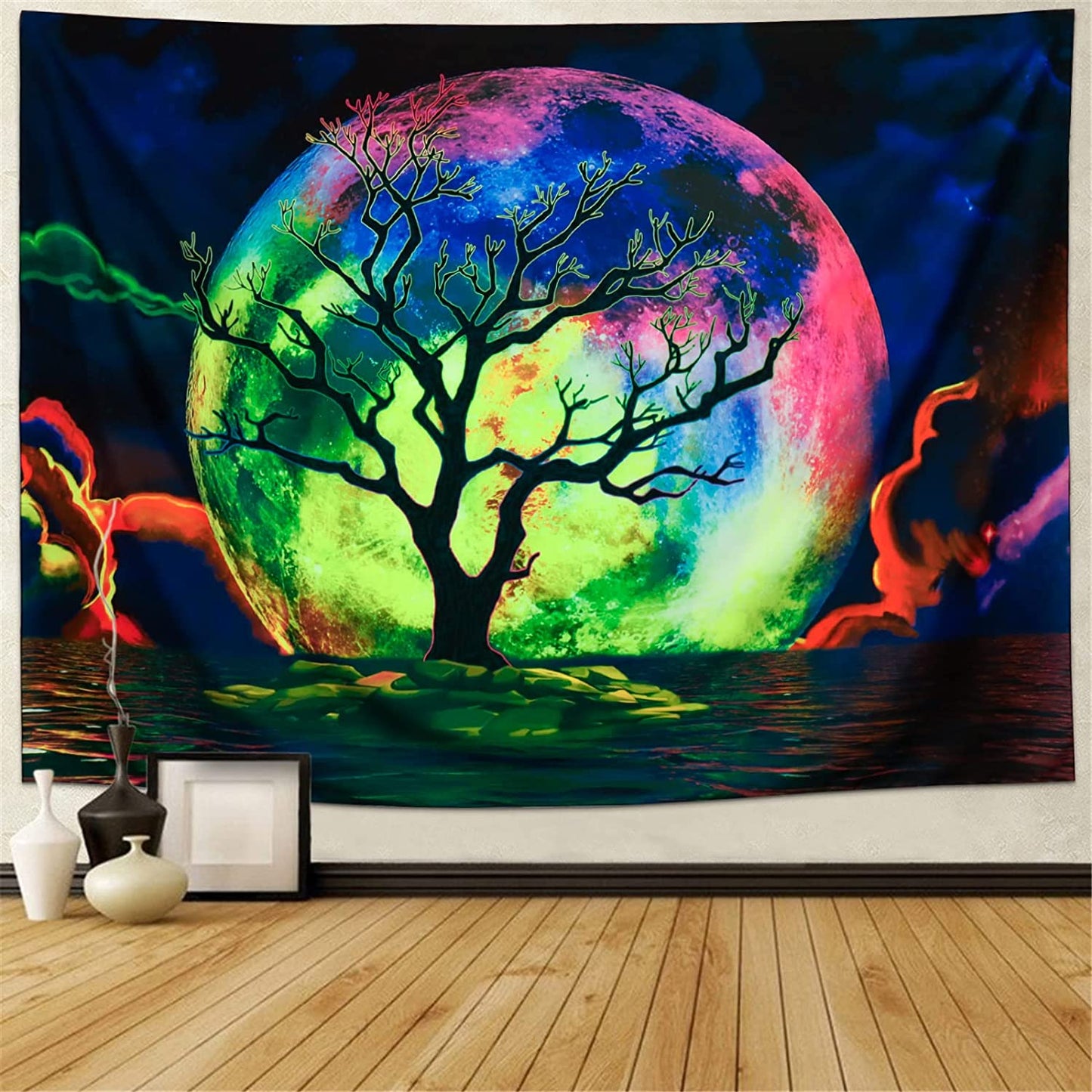 Fluorescent Tapestry, Trippy Moon Wall  Hanging, Aesthetic Room Decor, Ocean Tapestry, Psychedelic UV Blacklight Hippie Tapestry for Bedroom
