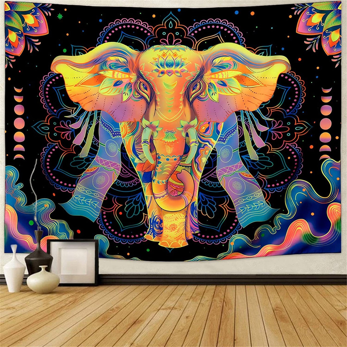 Blacklight UV Reactive Elephant Tapestry, Trippy Mandala Tapestry, Psychedelic Aesthetic Neon Hippie Décor for Living Room Dorm Bedroom