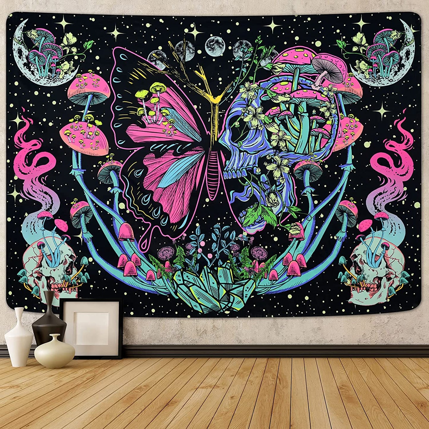 Blacklight Tapestry, UV Reactive Trippy Mushroom Butterfly Tapestries, Aesthetic Moth Moon Flowers  Hippie Snake Tapestry Wall Hanging