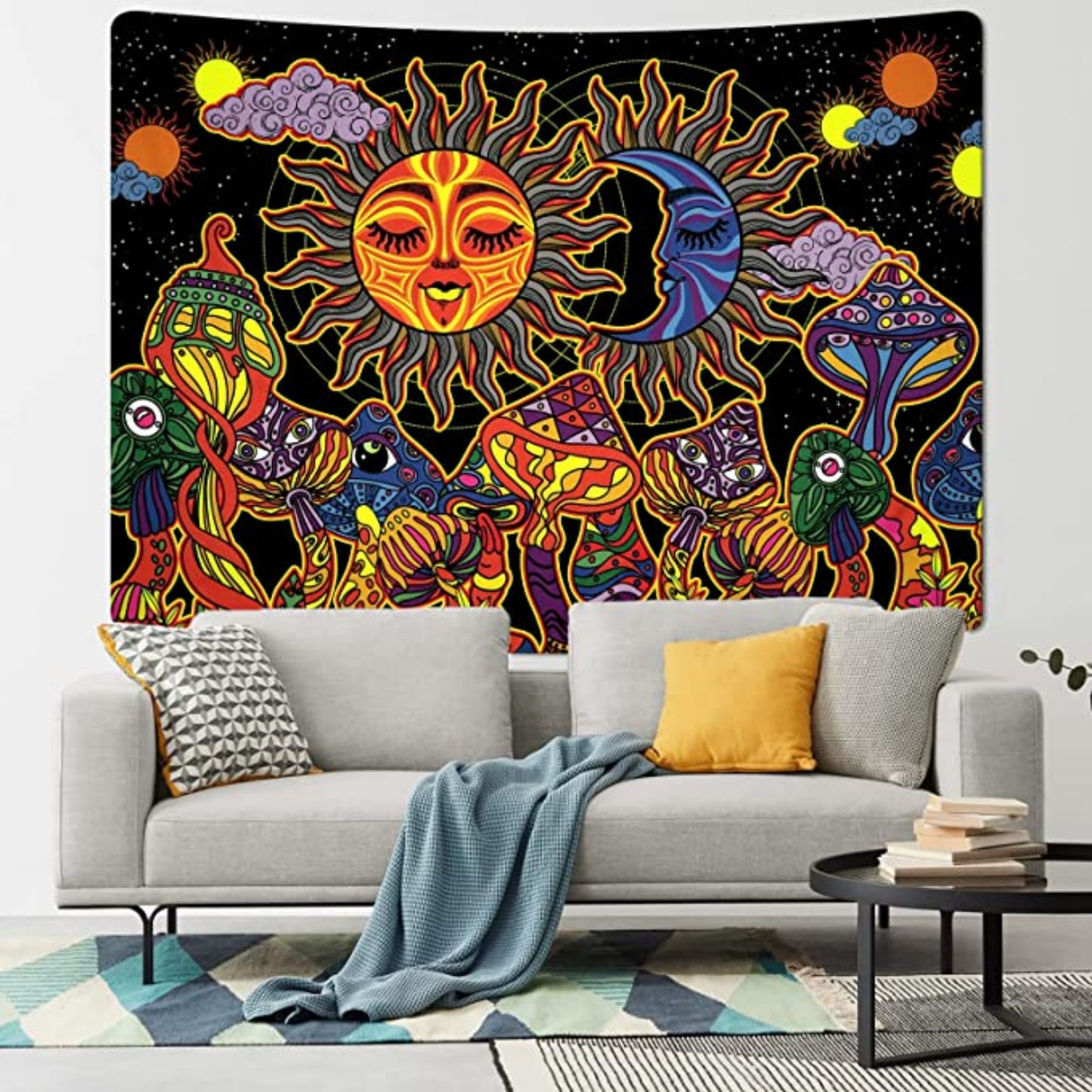 Trippy Sun and Moon Tapestry , Burning Sun and Stars Tapestry Wall Hanging, Fantasy Hippie Mushroom Tapestries, Medieval Arabesque Décor