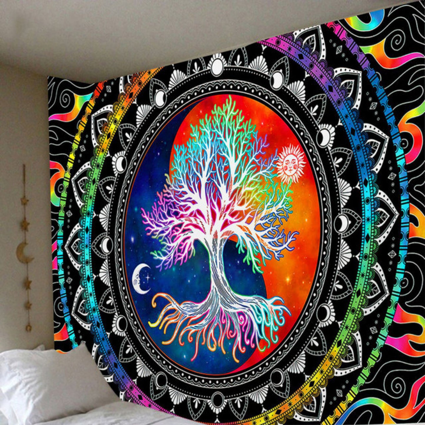 Tree of Life Tapestry, Wall hanging, UV Reactive Hippie Tapestries , Blacklight Mandala Wall Art , Sun and Moon Wall Décor Bedroom, Dorm